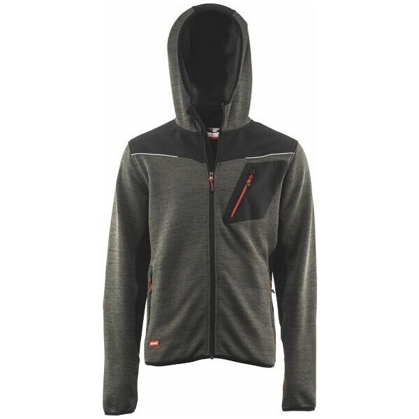Áo khoác dệt kim có mũ trùm đầu, xám đậm / đen / đỏ, kích thước Unisex: M